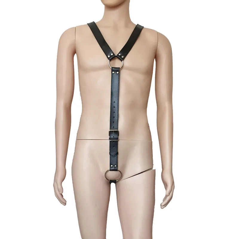 

Male PU Leather Bondage Men Half Body Y Chest Harness Top Big Metal Crotch Ring Macho Fetish Wear Night Club Costume