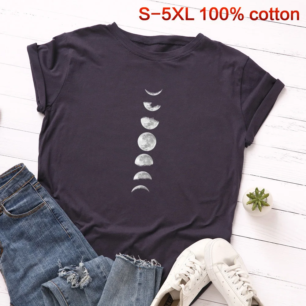 SINGRAIN Женская футболка из хлопка, короткий рукав, S-5XL размера плюс, топы с рисунком Луны, свободная модная повседневная женская футболка