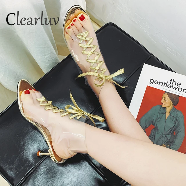

2019 new sexy club 3.5cm fish mouth high heels crystal transparent lace sandals stiletto supermodel summer women's shoes