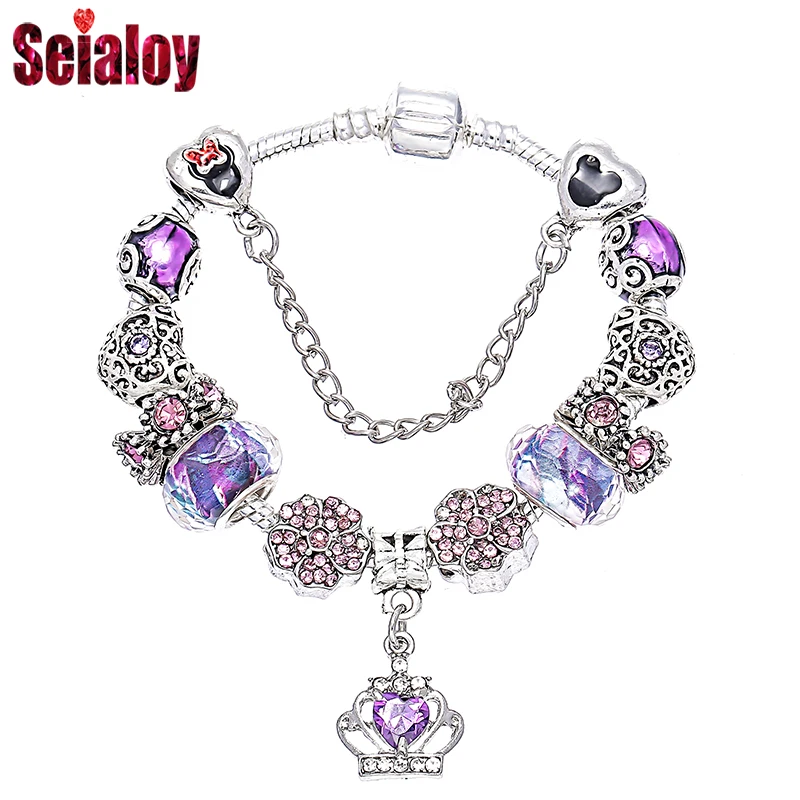 

SEIALOY Noble Purple Charm Bracelets For Women Men Girlfriends Couple DIY Openwork Beads Pandora Jewelry bracelet&bangles
