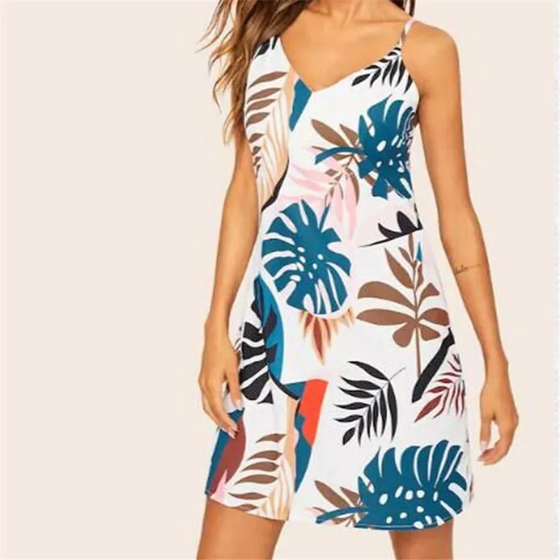 

Women Floral Printed Mini Dress New Sexy V-neek Beach Sundress Ladies' Fashion Sleeveless Summer Backless Short Vestido Hot Sale