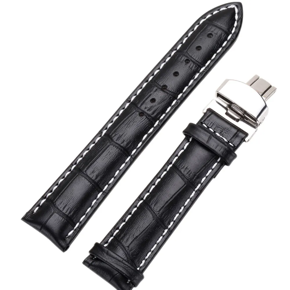 

18mm/20mm/22mm Genuine Leather with Stainless Steel Push Button Butterfly Deployant Clasp Buckle Watch Band Strap Black for Hour