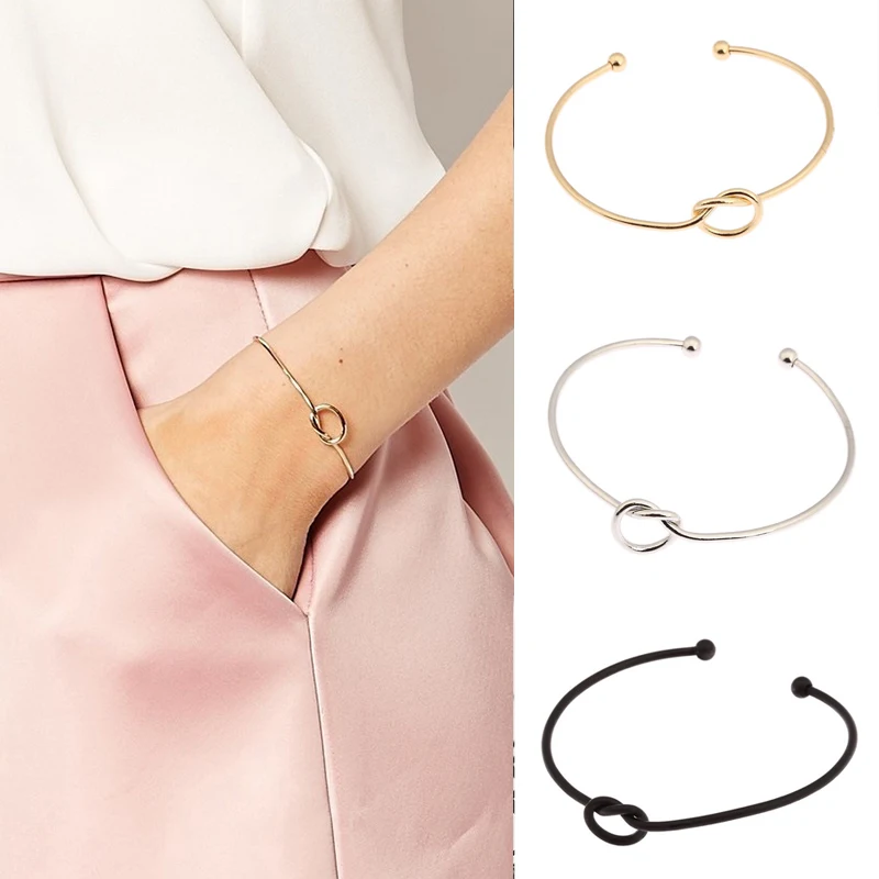 

LNRRABC Womem Girl Alloy Knot Open Bangle Cuff Bracelet Fashion Jewelry Golden Silvery Black Bijouterie dropshipping