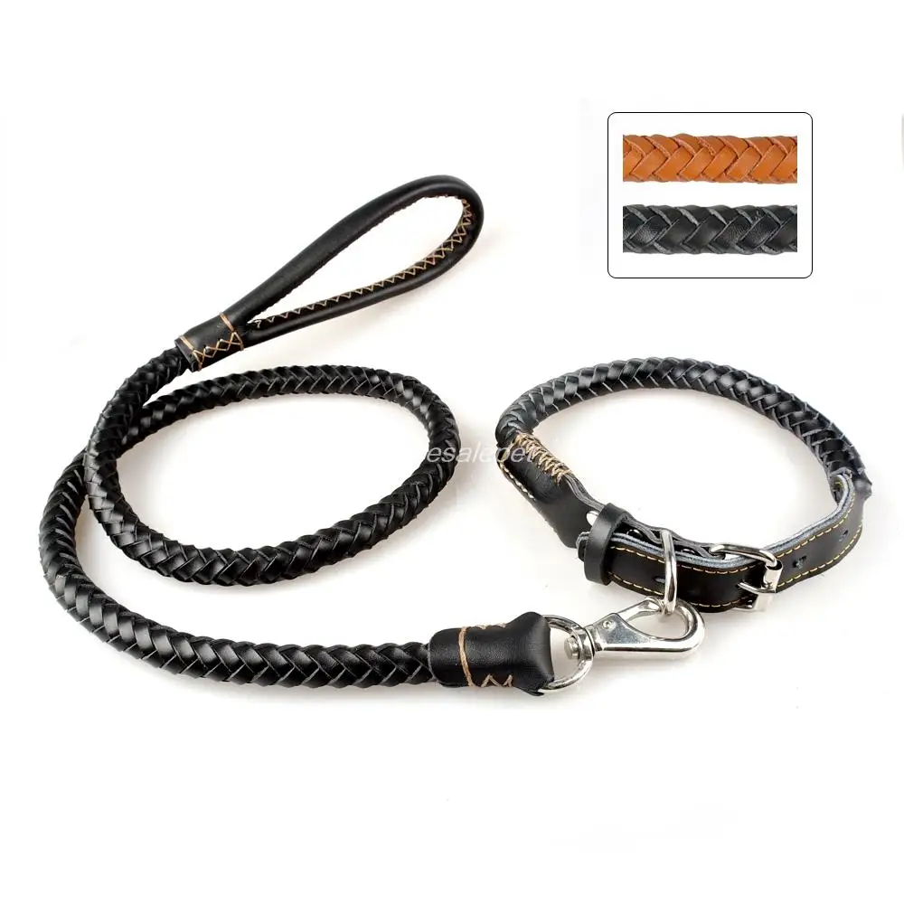 Rolled Leather Braided Dog Collar and Walking Leash Set ...