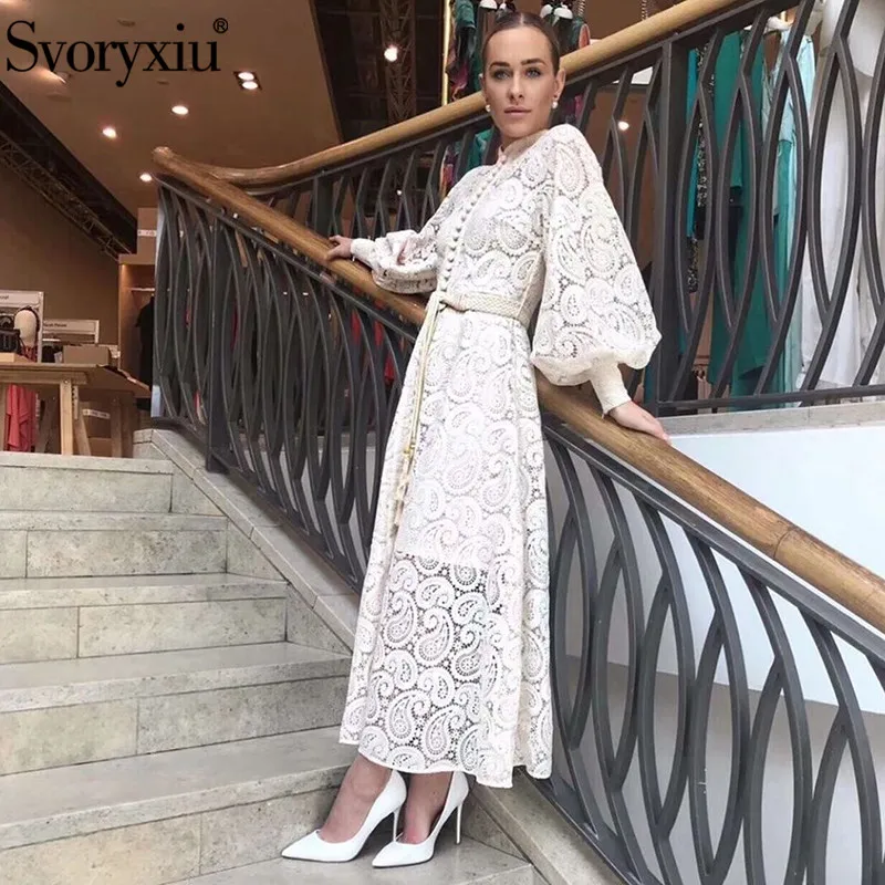 Svoryxiu High End Hollow Out Lace Embroidery Lantern Sleeve Maxi Dress Women's Single Breasted Runway Autumn Party Long Dresses