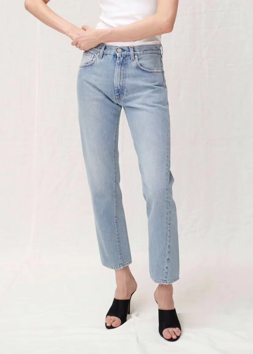 Прямые джинсовые светло-голубые потертые джинсы с витым швом, укороченные брюки, женские модные брюки хорошего качества