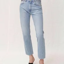 Прямые джинсовые светло-голубые потертые джинсы с витым швом, укороченные брюки, женские модные брюки хорошего качества