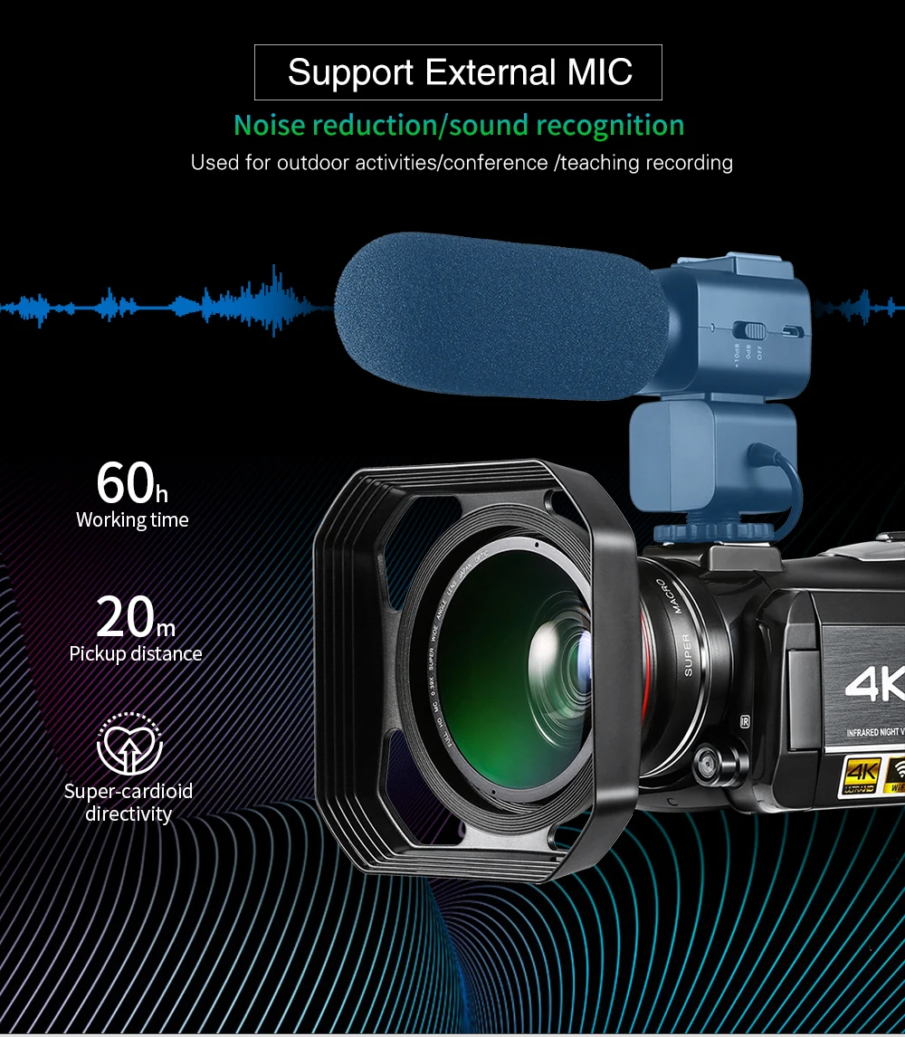 AC3 Цифровая видеокамера 4K UHD 24MP видеокамера 3," ЖК-дисплей с 1 шт. батареями+ дополнительный объектив 0.39X+ микрофон+ бленда объектива