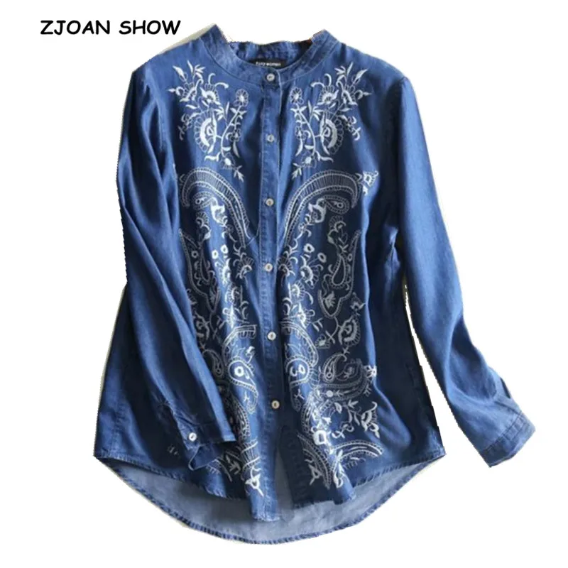 Женская джинсовая рубашка с цветочной вышивкой голубая Повседневная Блузка в