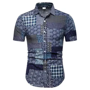 

Summer Shirt Male Hawaiian Shirt Men's clothing Ethnic style Camisa masculina Flower stitching Short Sleeve Men Blouse Slim