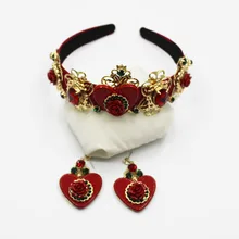 New Fashion Red Flower Heart Crown Baroque Prom Show Hair Band Metal Hair Jewelry Wedding Tiara Accessories Gift For Women Party