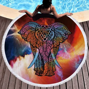 

Home Textile Round beach blanket tassel India elephant Bohemia style national style microfiber can be used as picnic pad