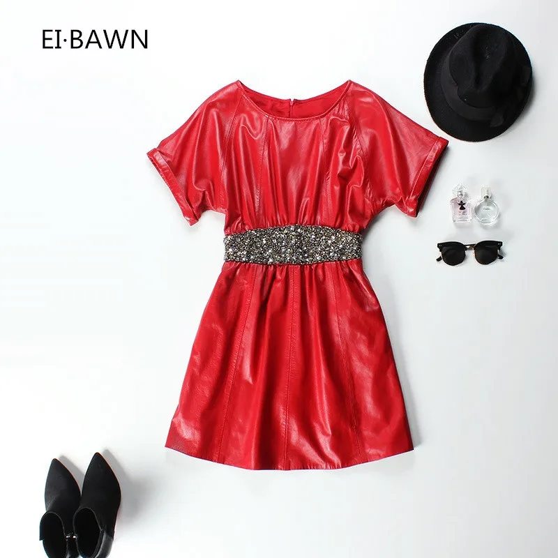 

2019 Genuine Leather Dress for Women High Waisted Winter Autumn Red Dresses with Sleeves Casual Plus Size Prom Black Dresses