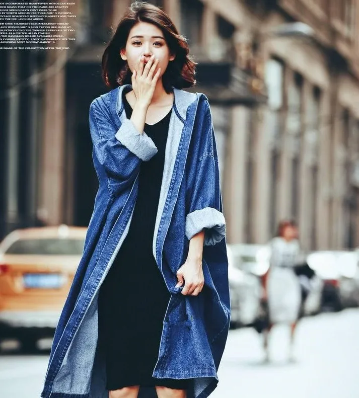 Ladies Blue BF Denim Outerwear Autumn Women's Long Single