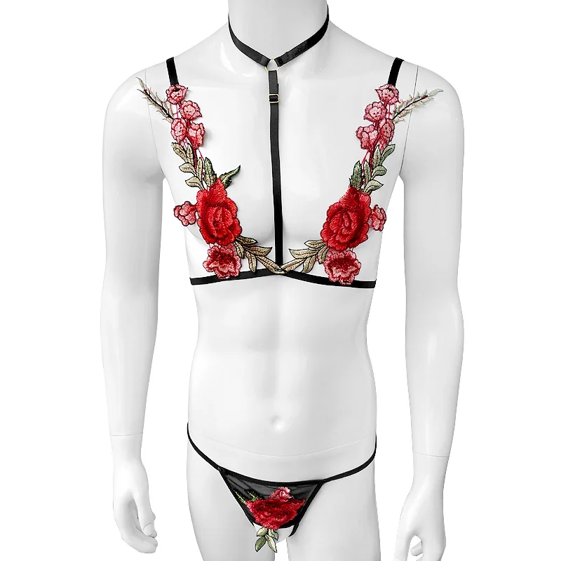 

Sissy embroidery Floral Bikinis Set Adjustable halter Bra Sexy Lingerie Thong Panties Sets For Sissy Mens Home wear