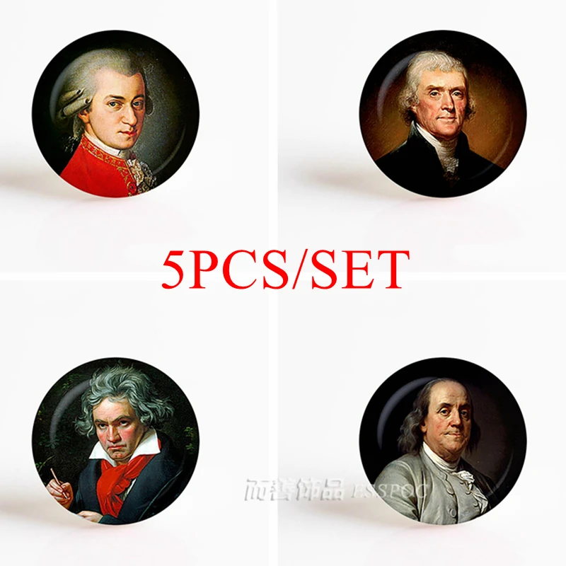 

5PCS/SET Franklin Thomas Jefferson Mozart Celebrity Dome Glass Jewelry Gem Color Art 25mm Handmade Illustration Jewelry Gift