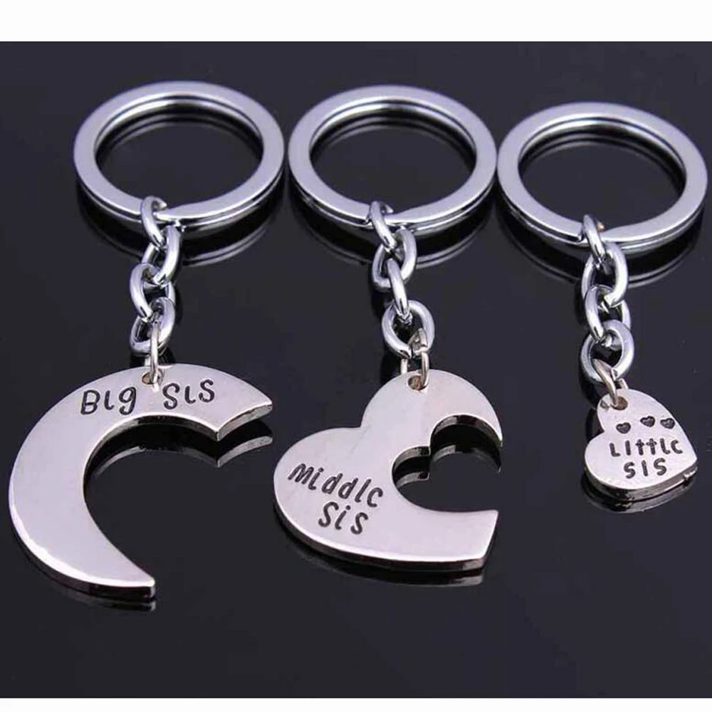 

"Big Middle Little Sis" Sister Split Broken Heart Chain Key Ring 3 pcs