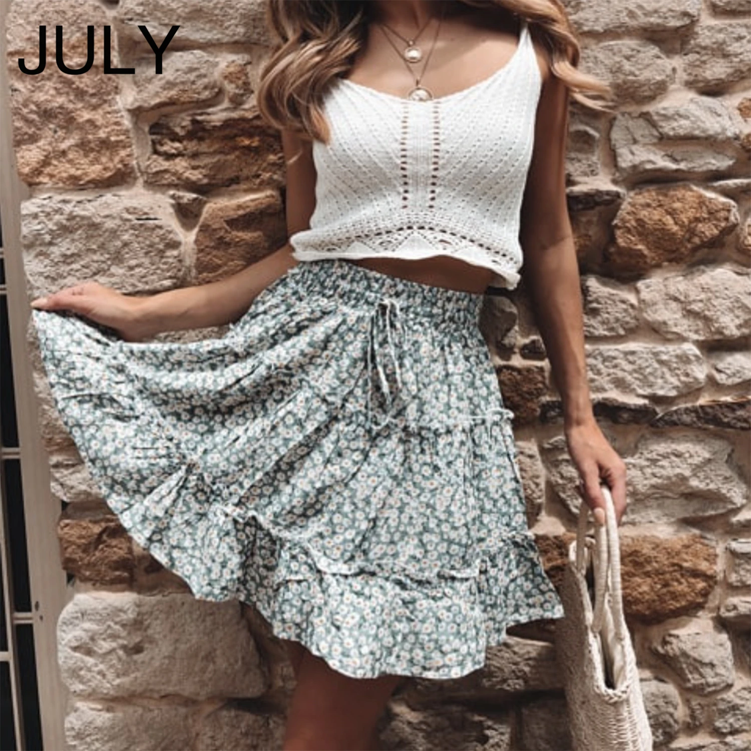 

JULY Ruffled floral skirt Fashion Women Skirt Ladies Ribbons Ruffles Floral Print Beach Daily Casual Red Short Skirts 2019 New