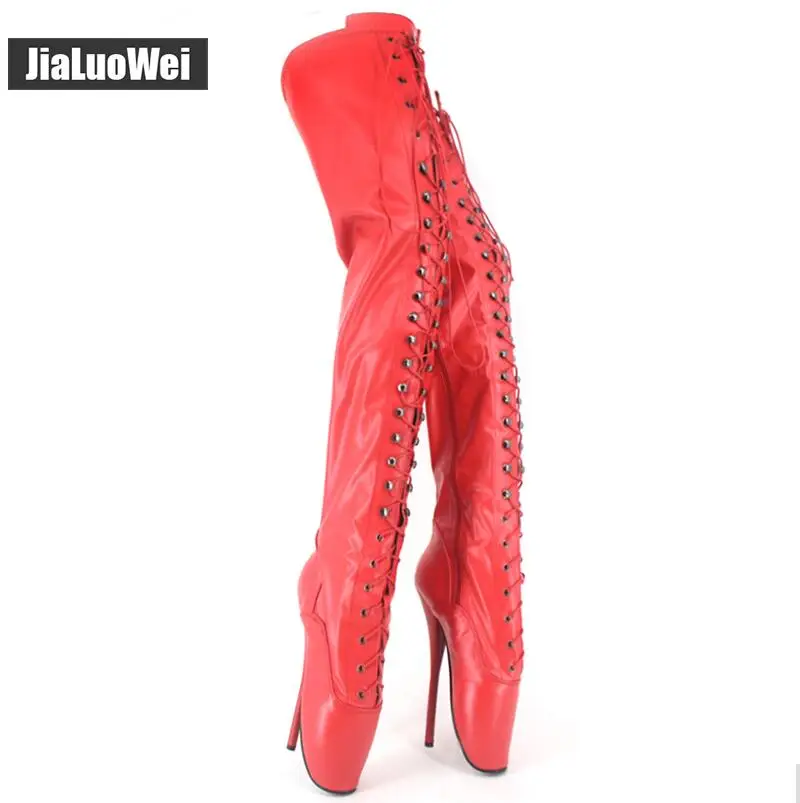Jialuowei/Экстремальный фетиш, высокий каблук 18 см/7 дюймов, готический стиль, панк, высокие балетные Сапоги выше колена с перекрестной шнуровкой, большие размеры 36-46 - Цвет: Red matt