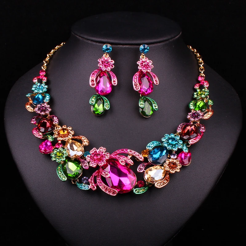 Bridal Jewelry Sets Wedding Necklace Earring For Brides Party Accessories Gold Plated Crystal Decoration Christmas Gift Women