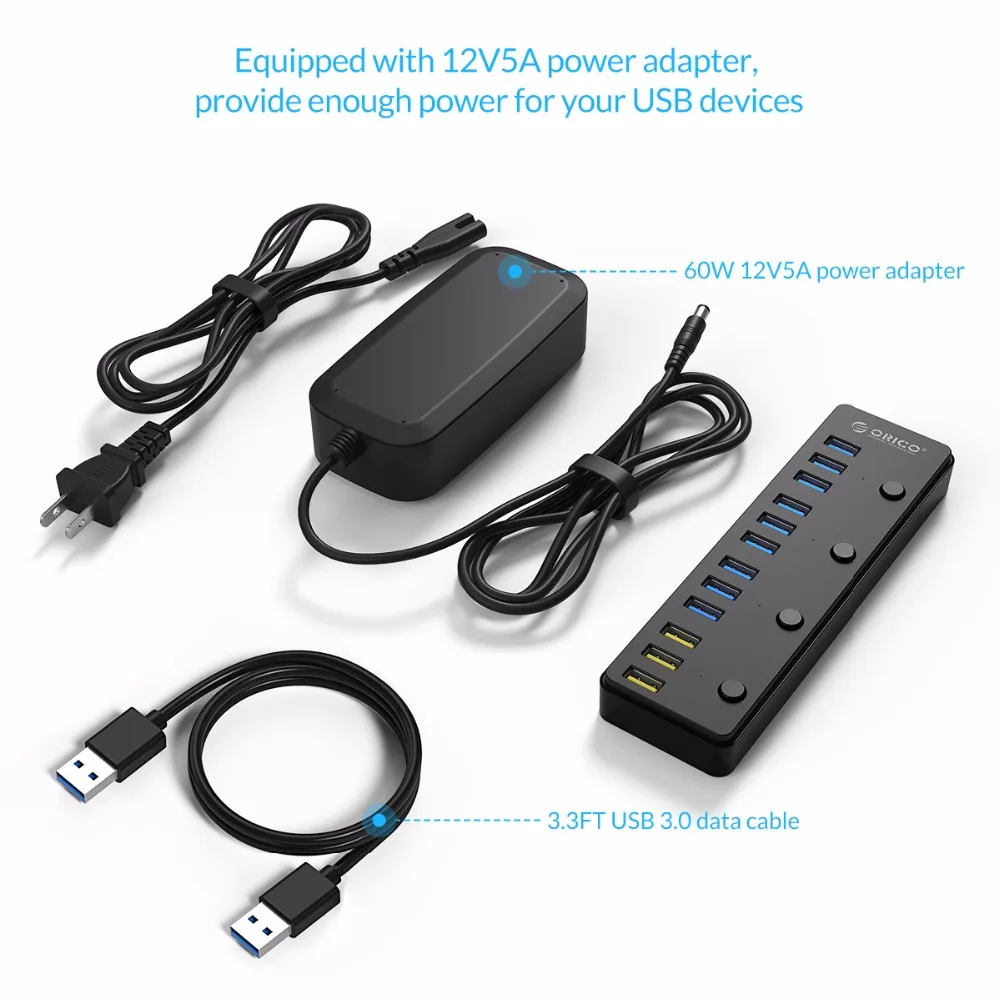  HUB ORICO P12-U3 USB 30 con adaptador de corriente 12V 5A 60W 12 puertos con 3 puertos BC1.2 puerto
