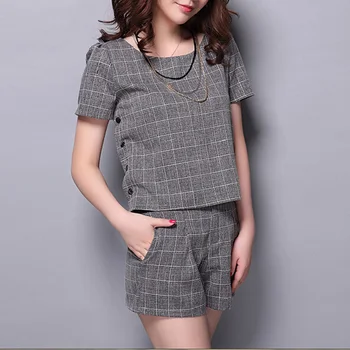 

2016 Summer Women's Casual Shorts Suit, Short sleeve Plaid Pattern Pullover Tops + Cotton Linen Short Pants