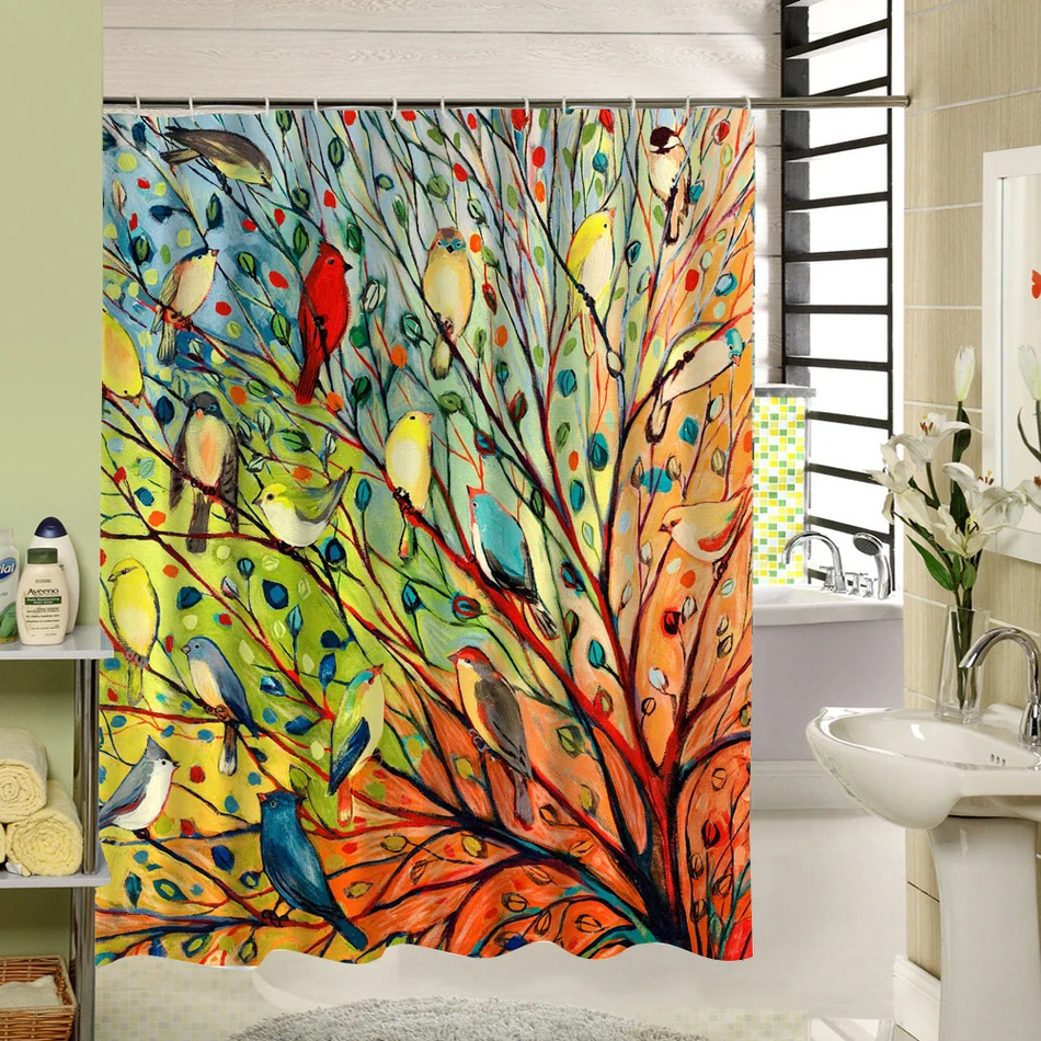 Abstract Tree and Birds Shower Curtain Fabric Colorful Polyester
