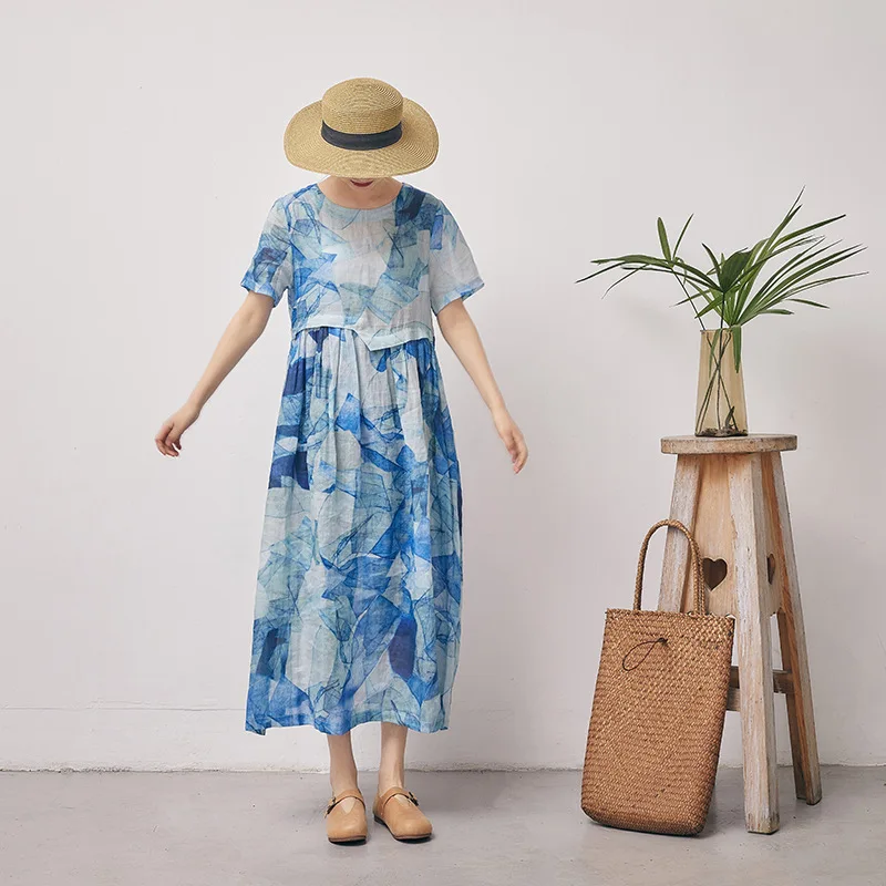 

2019 Summer Halcyon pileata Original Design Loose ramie short sleeve dress Cotton and linen mori dress women N233