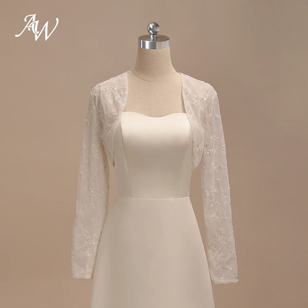 AW Ivory Lace Bridal Wrap Wedding Jackets Bolero Shawl Tulle Embroidery Beading Sequided Party