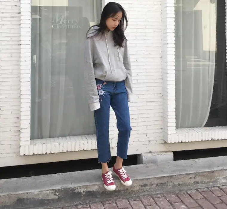 2018 Весна и осень винтажные Harajuku Высокая талия Роза вышитый цветок джинсы Штаны