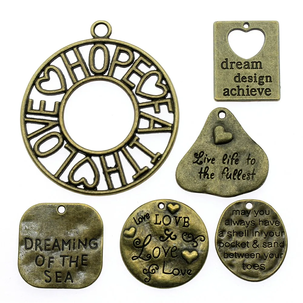 

4pcs/lot Charms Message Plates Antique Bronze Color Love Hope Faith Plates Pendant Charms Dream For Jewelry Making