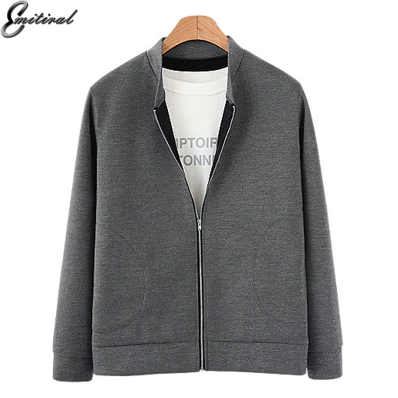 

2018 European Autumn Winter Women's Casual Jackets Neoprene Zipper Jackets Long Sleeves Coats Plus Size Grey Tops Women Clothing