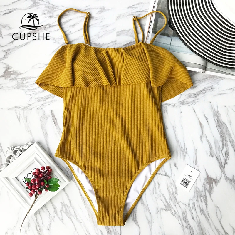 

CUPSHE Arizona Solid Color Falabala One Piece Swimsuit Padded Bikini Monokini 2018 Summer Ladies Beach Bathing Suit Swimwear