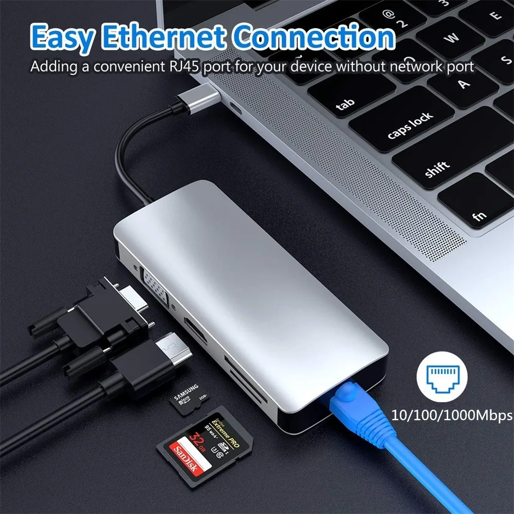 9 портов USB C концентратор тип C до 4K HDMI VGA USB RJ45 SD/TF кардридер Thunderbolt 3 PD адаптер Разъем для Apple iMac Mac Book