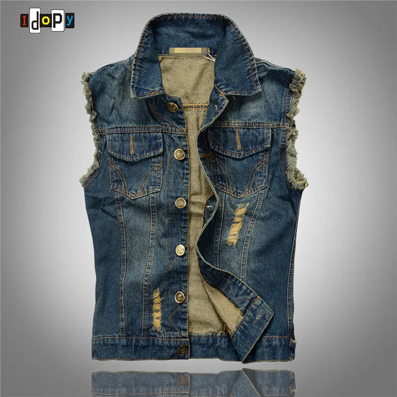 2016 New Stylish Cool Men`s Denim Vest Plus Size 6XL Vintage Ripped