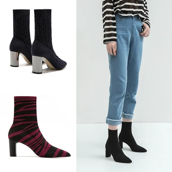 boots women springautumn ankle boots pointed toe high heels knitting boots shoes women