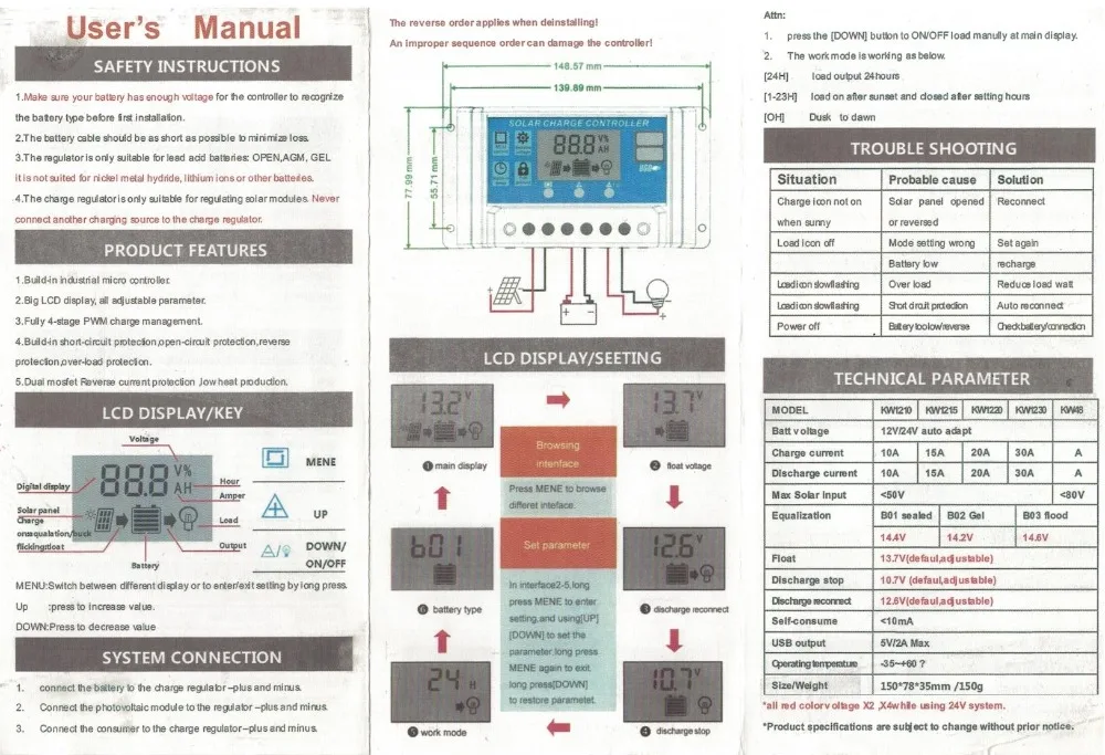 Умный максимальной точкой мощности, Солнечный Контроллер заряда 12V 24V 10A 20A 30A автоматический Солнечный Батарея Панель контроллер универсальный USB 5V зарядки ЖК-дисплей Дисплей