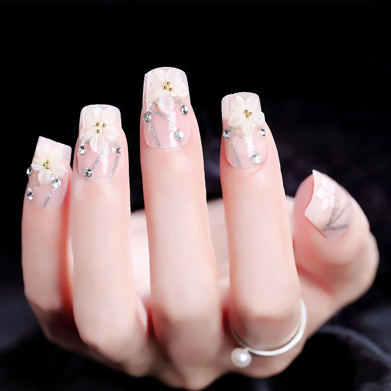 

Ladies Fashion Nail Art Tips with Glue 3D Flower Simulation Pearl False Nails Girls 24pcs DIY Natural Fake Nails