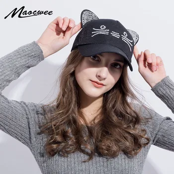 

New Fashion Girl Ear Baseball Cap Hat with Rhinestone Women Summer Hats Snapback Student Style Cat Cap with Rings Diamond Bones