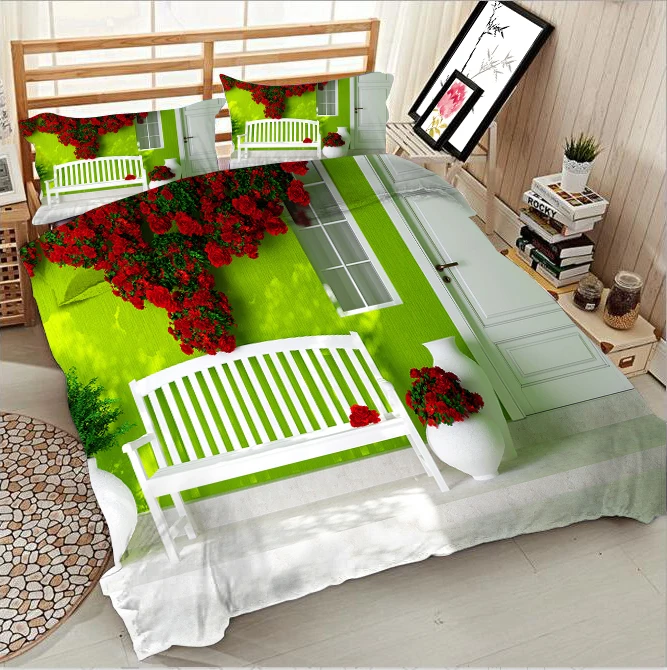 

Green wall with red flowers 3d effect photo bed linen can be customized photo pattern