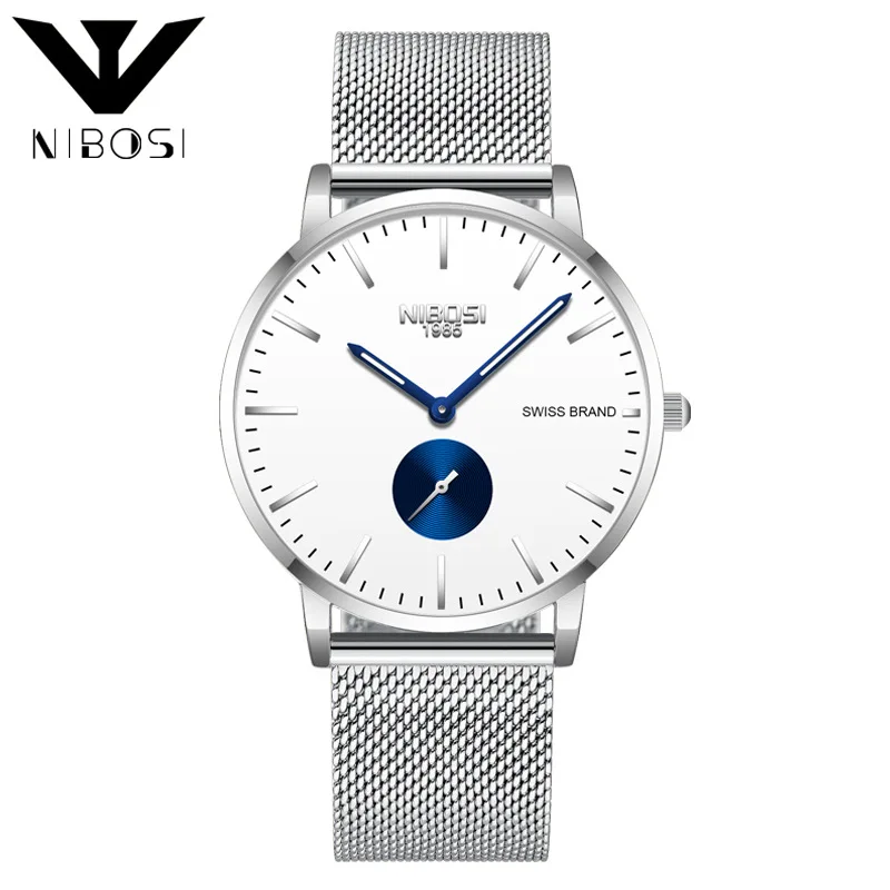 NIBOSI мужские спортивные часы Топ бренд класса люкс ультра тонкие повседневные водонепроницаемые часы Кварцевые полностью стальные мужские часы Relogio Masculino - Цвет: White