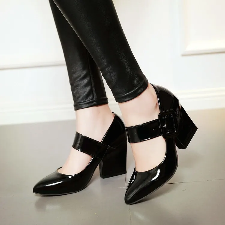 

2019 European and American women's shoes red bottom thick high heels shoes woman black Patent leather work office ladies shoe