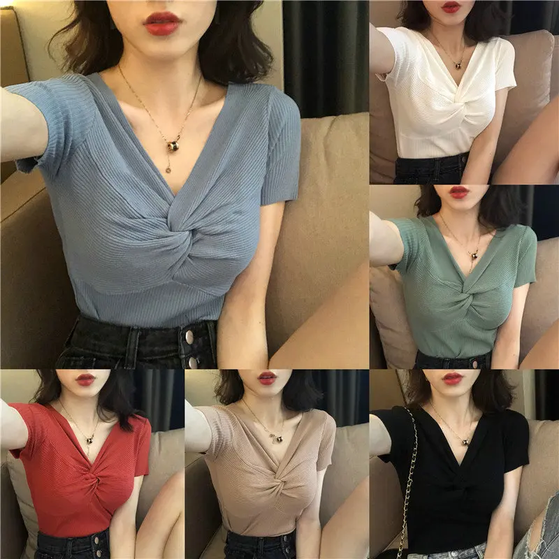 

Women Thin Knitted Sweater And T-shirt Short Sleeve Korean Fashion Casual Style Solid Tops Summer 2019 New Tees