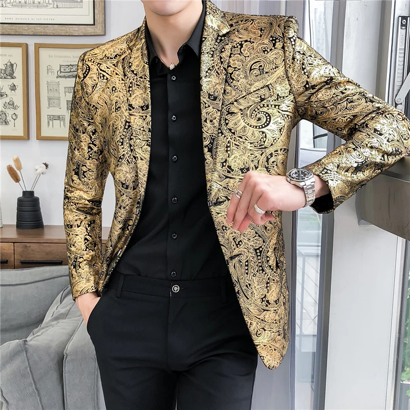 Plyesxale золото пиджак блейзер для мальчика Для мужчин 2019 Slim Fit Цветочный принт