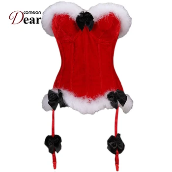 

Comeondear Sexy Christmas Corset Espartilhos Com Ligas Sexys Bondage Harness AB2248 Red With White Feathers Steel Boned Corset