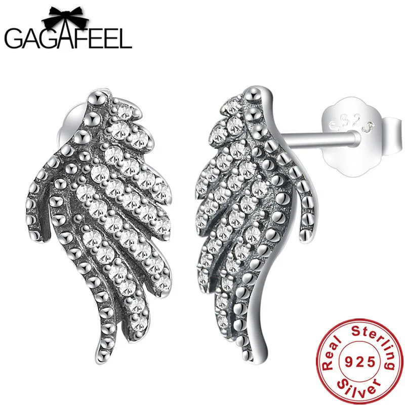 

GAGAFEEL 100% 925 Sterling Silver Women Earrings Trendy Crystal Feather Shape CZ Wedding Engagement Earrings for Female Charms