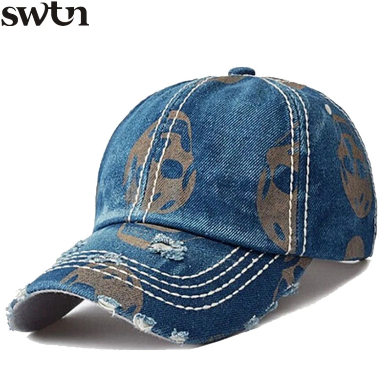 

SWTN Fashion Skull Caps Printing Snapback Hip Hop Denim Baseball Cap Men Women 5 color 6 Panel Autumn Dad Hat Retro