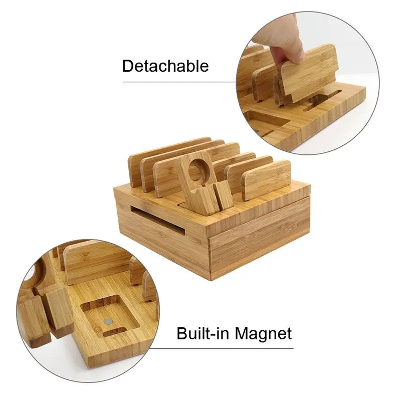 Acoki Bamboo 5-slot Removable Tablet Phone Stand Holder Desktop Cord Organizer Stand Multi-Devices Docking Station Acoki Bamboo 5-slot Removable Tablet Phone Stand Holder Desktop Cord Organizer Stand Multi-Devices Docking Station
