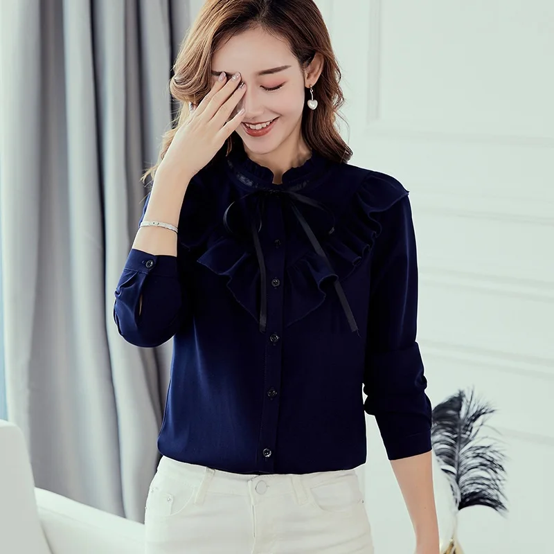 

Elegant Women Tops Spring 2019 Women White Shirt Long Sleeve Shirt Streetwear Slim Chiffon Blouse Korean Ruffles Women Clothing