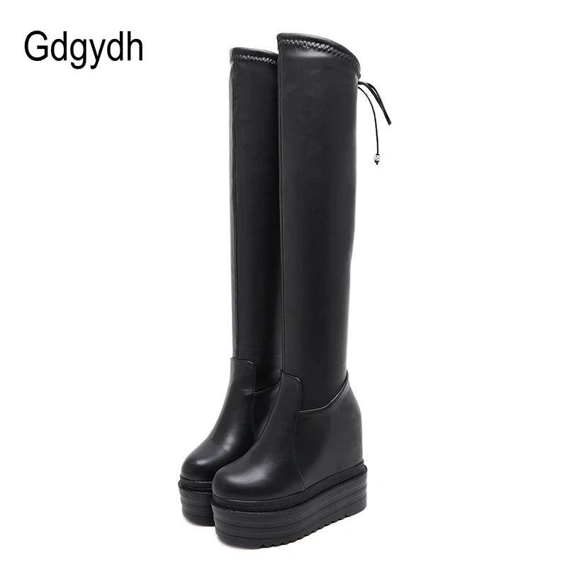 

Gdgydh Over The Knee Boots Women Autumn Thigh High Boots Black Leather Shoes Ladies Footwear Shoes Height Increasing Platform